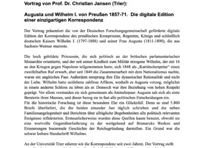 Vortrag „Augusta und Wilhelm I. von Preußen 1857-71. Die digitale Edition einer einzigartigen Korrespondenz“